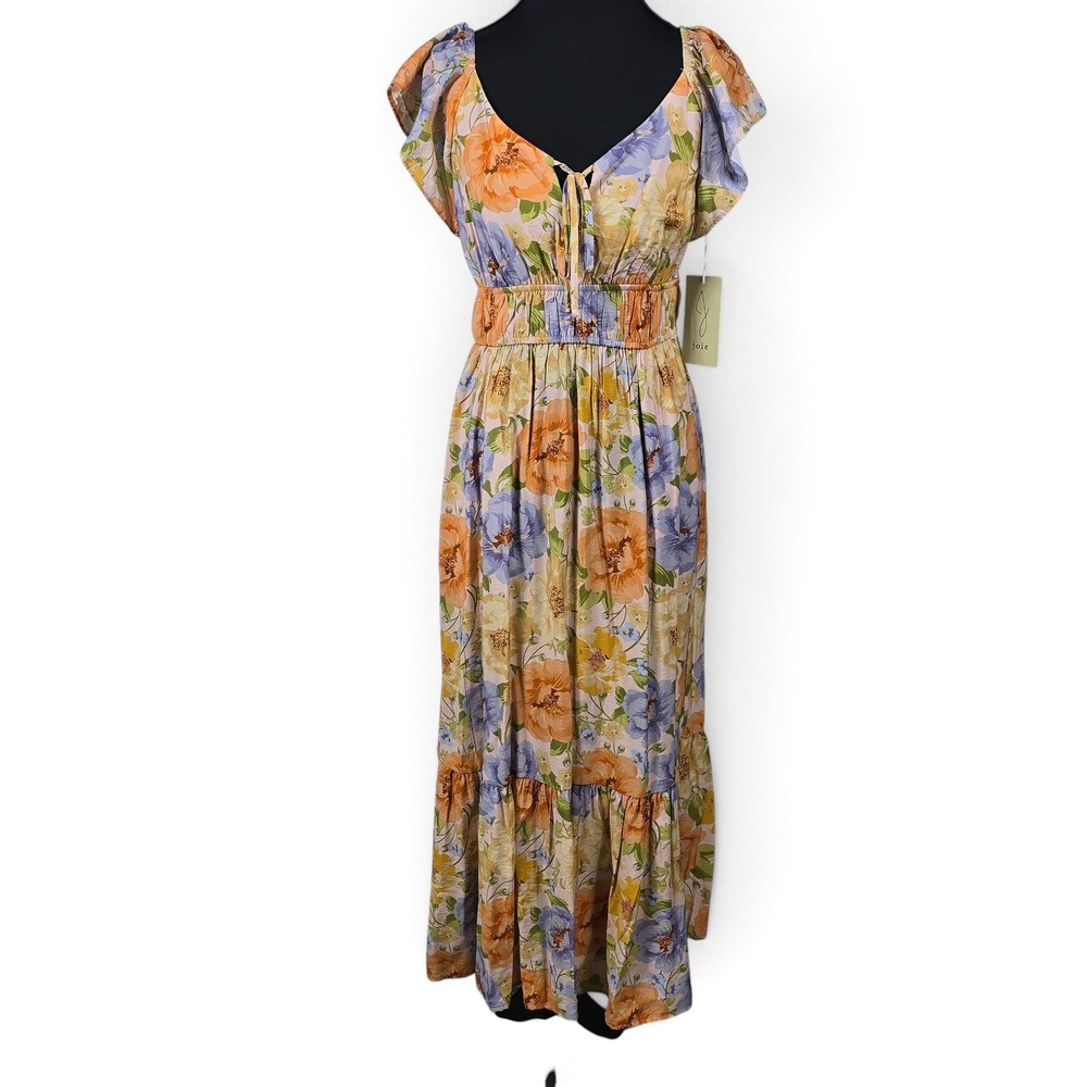 Joie Dress Women XS Maxi Floral Smocked Waist Flutter Sleeve Multicolor NEW Boho